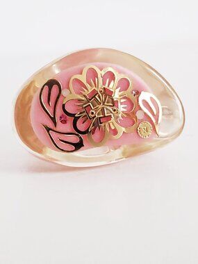 Luc Kieffer Pink Resin Gold Floral Filigree Ring Sz 6 NWOT